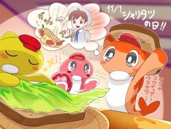  1boy black_eyes blue_necktie blurry blurry_background bread bright_pupils brown_hair commentary_request dropping florian_(pokemon) food hat highres holding_bread lettuce necktie open_mouth pokemon pokemon_(creature) pokemon_cafe_remix pokemon_scarlet_and_violet red_hat runachikku speech_bubble tatsugiri tatsugiri_(curly) tatsugiri_(droopy) tatsugiri_(stretchy) thought_bubble translation_request white_pupils 