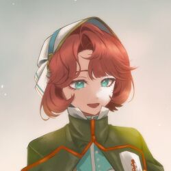  1girl :d blue_eyes blue_shirt cape commentary_request cropped green_cape grey_background hat highres looking_down marsha_(reverse:1999) milmil7 mole mole_under_eye open_mouth portrait red_hair reverse:1999 shirt short_hair smile solo white_hat 