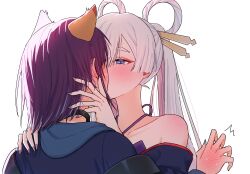  2girls animal_ears black_choker blue_eyes blue_nails blush cho_kaguya-hime! choker choker_pull colored_inner_hair commentary fox_ears fox_girl hair_ornament hair_rings hair_stick heart highres kiss long_hair multicolored_hair multiple_girls nail_polish off_shoulder pink_hair purple_hair purple_nails runami_yachiyo runami_yachiyo_(tsukuyomi) sakayori_iroha sakayori_iroha_(tsukuyomi) shoulder_blush simple_background spoken_heart twintails untranslatable_commentary upper_body violet_eyes white_background white_hair xp0p0p0x yuri 