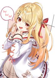  1girl ahoge blonde_hair blush dress gakuon_(gakuto) hair_ornament hair_ribbon hololive hololive_dev_is jacket long_hair looking_at_viewer multicolored_hair musical_note musical_note_hair_ornament one_side_up open_mouth otonose_kanade otonose_kanade_(1st_costume) red_eyes red_ribbon ribbon shirt solo spoken_www virtual_youtuber 