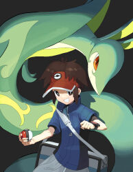  1boy absurdres bag blue_jacket bright_pupils brown_eyes brown_hair clenched_hand commentary_request grey_bag grin highres holding holding_poke_ball jacket male_focus nate_(pokemon) ossan_056 poke_ball poke_ball_(basic) pokemon pokemon_(creature) pokemon_black_2_and_white_2 serperior short_hair smile teeth visor_cap white_pupils zipper_pull_tab 