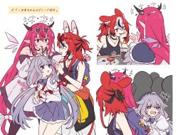  animal_ears blue_eyes blush clinging colored_inner_hair cup dress drinking_glass eyewear_on_head food grey_hair hakos_baelz heart heart-shaped_eyewear heterochromia highres hololive hololive_english horns irys_(hololive) koseki_bijou long_hair long_pointy_ears long_sleeves mouse_ears mouse_girl multicolored_hair multiple_girls open_mouth packpack pink_hair plate pointy_ears purple_hair ramphastostella red_hair shirt streaked_hair tears translation_request very_long_hair violet_eyes virtual_youtuber white_background white_hair 