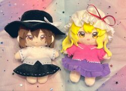  2girls :o absurdres black_hat black_skirt blonde_hair bow brown_eyes brown_hair character_doll collared_shirt commentary_request doll frilled_shirt_collar frills full_body hat hat_bow hat_ribbon highres long_hair maribel_hearn medium_hair mika_(alquermes) mob_cap multiple_girls open_mouth photo_(medium) pink_skirt purple_skirt red_ribbon ribbon ribbon-trimmed_skirt ribbon_trim shirt short_sleeves skirt smile taboo_japan_disentanglement teeth touhou upper_teeth_only usami_renko white_bow white_hat white_shirt 