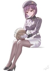  1girl ball basket basketball_(object) black_pantyhose closed_mouth commentary_request earrings hat heaven_burns_red highres holding holding_basket jewelry kanikure12 military_hat military_rank_insignia military_uniform neck_ribbon pantyhose purple_hair purple_ribbon red_eyes ribbon short_hair single_earring skirt tezuka_saki 