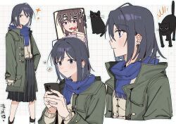  1girl animalization black_hair blue_eyes blue_hair blue_scarf cardigan cat cellphone chinese_commentary coat colored_inner_hair commentary_request finger_heart green_coat grey_skirt haidao_mao highres holding holding_phone implied_yuri miyagi_shiori multicolored_hair open_clothes open_coat outline phone scarf sendai_hazuki shuuniichido_classmate_wo_kau_hanashi skirt smartphone sparkle white_outline yellow_cardigan 