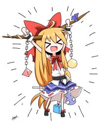  >_< 1girl :d ahoge arms_up asymmetrical_sidelocks belt black_belt black_shoes blue_skirt blush bow bowtie brown_horns chain chibi chibi_only commentary_request cube cuffs fang frilled_wristband full_body generalcanon gourd hair_between_eyes hair_bow hands_up happy horns ibuki_suika long_hair low-tied_long_hair low-tied_sidelocks orb pyramid_(geometry) red_bow red_bowtie shackles shirt shoes sidelocks signature skirt sleeveless smile solo standing touhou two-tone_skirt very_long_hair white_shirt white_skirt 