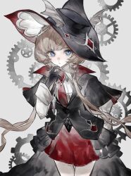  1girl absurdres artist_request black_capelet black_jacket blue_eyes brown_hair capelet chinese_commentary closed_mouth collared_shirt commentary_request commission cowboy_shot gears genshin_impact gloves grey_background hand_up highres jacket long_hair long_sleeves looking_at_viewer miniskirt necktie official_alternate_costume red_necktie red_skirt sandrone_(genshin_impact) sandrone_(marechaussee_hunter)_(genshin_impact) second-party_source shirt simple_background skirt solo standing tabletop_troupe_(genshin_impact) very_long_hair white_shirt 