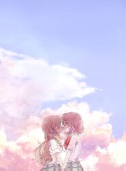  2girls absurdres amaori_renako ashigaya_high_school_uniform blue_sky blush brown_hair closed_eyes clouds commentary_request facing_another from_side full-face_blush hair_ornament highres kiss kusakayosituki1 long_hair medium_hair multiple_girls pink_hair school_uniform sena_ajisai short_sleeves sky upper_body watashi_ga_koibito_ni_nareru_wake_naijan_murimuri! x_hair_ornament yuri 