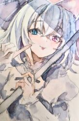  1girl :p absurdres blue_hair commentary hair_between_eyes heterochromia highres holding holding_umbrella juliet_sleeves kamu_kotan long_sleeves looking_at_viewer medium_hair puffy_sleeves purple_umbrella shirt solo tatara_kogasa tongue tongue_out touhou traditional_media umbrella upper_body vest white_shirt 