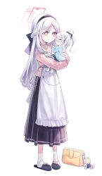  2girls apron bag bag_charm black_bow black_hairband black_skirt blue_archive bow charm_(object) chosunbe commentary_request full_body hair_bow hairband halo highres kei_(blue_archive) kei_(orange_robot)_(blue_archive) long_hair long_skirt long_sleeves mother_and_child mother_and_daughter multicolored_eyes multiple_girls parent_and_child pink_eyes pink_halo pink_sweater simple_background skirt slippers socks standing sweater toddler turtleneck turtleneck_sweater two-tone_eyes very_long_hair white_apron white_background white_hair white_socks yellow_eyes 