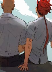  2boys arm_support arm_tattoo bald black_pants blue_sky clouds collared_shirt commentary dark-skinned_male dark_skin english_commentary final_fantasy final_fantasy_vii from_behind highres lanimalu low_ponytail male_focus multiple_boys pants ponytail red_hair reno_(ff7) rude_(ff7) shirt shirt_tucked_in sitting sky sleeves_rolled_up tattoo white_shirt 