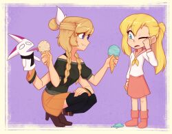  2girls artist_self-insert black_shirt black_shoes blonde_hair blue_eyes boots braid child closed_mouth collarbone commentary cutie_(yohocutie) dropped_food english_commentary extra_arms fang food hand_puppet highres holding holding_food holding_ice_cream holding_ice_cream_cone ice_cream ice_cream_cone licking_food long_hair long_sleeves looking_at_another multiple_girls nelly_(xyronii) off-shoulder_shirt off_shoulder one_eye_closed orange_skirt original pink_boots pink_skirt ponytail puppet shirt shoes short_sleeves skirt squatting tongue tongue_out twin_braids white_shirt xyronii 