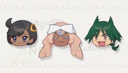  1boy 2girls :3 :d black_hair brown_eyes chibi chibi_only closed_eyes closed_mouth commentary_request emma_(pokemon) fang green_hair head_only headband multiple_girls navi_(pokemon) open_mouth pokemon pokemon_(anime) pokemon_horizons ring_hair_ornament short_hair side_ahoge smile twitter_username ult_(pokemon) watermark white_headband wing_(wing_0319) 