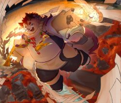  1boy absurdres animal_ears belly between_fingers burning burning_paper cat_boy cat_ears cat_tail chinese_commentary commentary_request fang fat floating furry furry_male highres holding holding_ofuda looking_at_viewer male_focus ofuda ofuda_between_fingers open_mouth pawpads plump skin_fang smile tail tamacolle toby66283932 yamashiro_(tamacolle) 