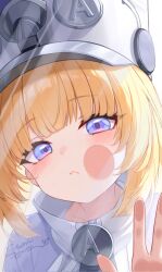  1girl :< against_glass blonde_hair blush closed_mouth commentary_request grey_hat hand_on_glass hand_up hat highres hinashio_(dmej5427) large_hat long_hair looking_at_viewer norma_hollowell portrait shako_cap simple_background solo violet_eyes white_background zenless_zone_zero 