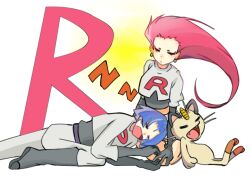  1boy 1girl black_gloves blue_hair boots chinese_commentary closed_eyes commentary_request crop_top earrings gloves hair_slicked_back james_(pokemon) jessie_(pokemon) jewelry kaopudechengniannanxing kneeling lying_on_lap lying_on_person meowth pokemon pokemon_(anime) pokemon_(classic_anime) pokemon_(creature) red_hair sleeping team_rocket white_background 
