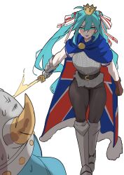  2026_fifa_world_cup absurdres aqua_eyes aqua_hair armor boots cape chainmail crown daaku_(koizumi_arata) damaged fake_horns gauntlets gloves hatsune_miku helmet highres horned_helmet horns long_hair norwegian_miku pants scratches sword twintails very_long_hair vocaloid weapon white_background world_cup 