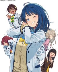  5girls :o absurdres ahoge blue_bow blue_bowtie blue_eyes blue_hair blush bow bowtie breasts brown_eyes brown_hair brown_shirt clenched_teeth closed_mouth commentary_request dark-skinned_female dark_skin flat_chest food-themed_hair_ornament green_bow hair_ornament hands_on_own_cheeks hands_on_own_face highres hime_cut imigimuru jacket komari_chika large_breasts lemon_hair_ornament light_blush long_hair long_sleeves looking_at_viewer looking_to_the_side make_heroine_ga_oo_sugiru! medium_breasts medium_hair messy_hair momozono_junior_high_school_uniform multiple_girls necktie nukumizu_kaju official_art one_eye_closed one_eye_covered open_clothes open_jacket open_mouth orange_bow own_hands_together pink_bow pink_sweater purple_bow purple_sweater red_bow red_hair ribbed_sweater sailor_collar school_uniform second-party_source shikiya_yumeko shirt short_hair side_ponytail simple_background sleeves_past_fingers sleeves_past_wrists small_breasts smile sweater teeth tsuwabuki_high_school_uniform undressing upper_body upper_teeth_only violet_eyes waving wavy_hair white_background white_jacket winter_uniform yakishio_lemon yanami_anna yellow_background yellow_bow yellow_bowtie yellow_necktie 