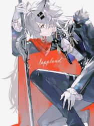  12710mio 1girl arknights ascot black_jacket black_pants cape character_name chinese_commentary commentary_request frilled_sleeves frills glint gloves grey_ascot grey_background grey_eyes grey_gloves grey_hair hair_ornament hairclip highres holding holding_sword holding_weapon jacket lappland_(arknights) lappland_the_decadenza_(arknights) long_hair long_sleeves looking_at_viewer on_one_knee pants profile red_cape scar scar_across_eye scar_on_face simple_background solo sword weapon 
