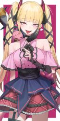  1girl absurdres bare_shoulders belt black_belt black_choker black_ribbon blonde_hair chernobog_(monster_strike) choker corset demon_horns dokon frills hair_ribbon highres horns jirai_kei makeup monster_strike pink_eyes ribbon sharp_teeth skirt solo standing teeth thigh_strap tongue tongue_out 
