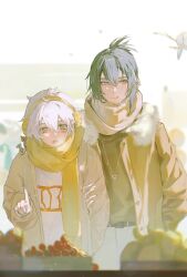  2boys animal_on_shoulder bandaid bandaid_on_cheek bandaid_on_face belt black_hair brown_belt brown_cardigan brown_jacket buttons cardigan chidian_chidian chinese_commentary chromatic_aberration commentary_request day earmuffs fur-trimmed_jacket fur_trim grey_eyes hair_between_eyes hand_in_pocket hand_on_another's_arm hand_up height_difference highres index_finger_raised jacket jewelry key key_necklace light_particles long_sleeves male_focus mouse_(animal) multiple_boys necklace nezumi_(no.6) no.6 open_cardigan open_clothes open_jacket open_mouth outdoors pants scarf shion_(no.6) shirt short_hair steam_from_mouth topknot white_pants white_shirt yellow_eyes yellow_scarf 