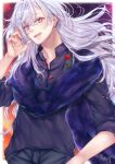  1boy aina black_shirt blurry blurry_background collared_shirt fate/grand_order fate_(series) floral_print hair_between_eyes long_hair looking_at_viewer male_focus merlin_(camelot_&amp;_co)_(fate) merlin_(fate) official_alternate_costume outdoors purple_scarf scarf shirt signature sleeves_rolled_up smile solo very_long_hair violet_eyes white_hair 