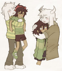  1boy 1other aged_down asriel_dreemurr blush child deltarune furry furry_male highres horns hug kris_(deltarune) open_mouth shirt shorts siblings smile sweater szivarvanyturmix02 t-shirt utdr_(toby_fox) 