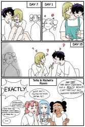 5girls agott_arklaum_(tongari_boushi_no_atelier) black_hair blue_archive blue_hair closed_mouth coco_(tongari_boushi_no_atelier) commentary contemporary dark-skinned_female dark_skin english_commentary english_text feeding green_hair heart highres hug hug_from_behind jujy_(tongari_boushi_no_atelier) medium_hair multiple_girls open_mouth pink_hair purple_hair richeh_(tongari_boushi_no_atelier) shirt short_hair sitting sitting_on_lap sitting_on_person smile speech_bubble sweatdrop takasakisaito tetia_(tongari_boushi_no_atelier) tongari_boushi_no_atelier twintails two_side_up violet_eyes white_shirt yuri 