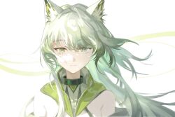  1girl animal_ear_fluff animal_ears arknights bare_shoulders cat_ears cat_girl chinese_commentary commentary dated dl_fengyu floating_hair gradient_hair green_eyes green_hair hair_intakes highres hood hood_down hooded_shirt kal'tsit_(arknights) kal'tsit_esperanta_(arknights) light_smile looking_at_viewer multicolored_hair shirt signature simple_background sleeveless sleeveless_shirt solo straight-on upper_body white_background 