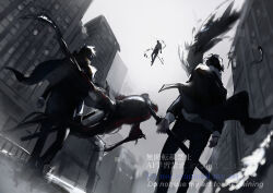  3boys absurdres black_jacket bug centipede enten_(sword) feathers fish flying flying_fish goldfish highres jacket kagurabachi long_sleeves magatsumi_(sword) male_focus minatodesu multiple_boys necktie rokuhira_chihiro samura_seiichi short_hair sword tobimune_(sword) weapon wings yura_(kagurabachi) 