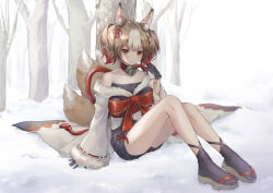  1girl absurdres against_tree animal_ear_fluff animal_ears back_ribbon bare_shoulders bare_tree bell black_shorts black_socks black_tube_top bow brown_hair brown_sandals choker closed_mouth colored_tips commentary_request day dot_nose expressionless flower_knot forest fox_ears fox_girl fox_tail full_body fur-trimmed_jacket fur_trim geta hair_ribbon hand_in_own_hair highres jacket kitsune knees_up large_bow large_ribbon light_frown looking_at_viewer multicolored_hair multiple_tails nature neck_bell off-shoulder_jacket off_shoulder outdoors poe_(528yuzunon) red_bow red_choker red_eyes red_hair red_ribbon ribbon sandals sekka_(shadowverse) shadowverse short_twintails shorts sitting sky snow socks solo strapless tabi tail tree tsurime tube_top twintails waist_bow white_hair white_jacket white_sky winter 