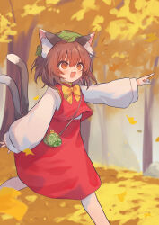  1girl :d absurdres animal_ears arm_up autumn bag cat_ears cat_girl cat_tail chaki_(kinaneko2149) chen commentary_request dot_nose feet_out_of_frame hair_between_eyes handbag hat highres legs_apart mob_cap multiple_tails nekomata outdoors pointing smile solo tail touhou two_tails v-shaped_eyebrows 