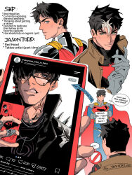  batman_(series) batman_symbol black_bodysuit black_gloves black_hair blue_eyes bodysuit brown_jacket commentary dc_comics e2_yhxloki english_commentary gloves grey_bodysuit highres jacket jason_todd male_focus multicolored_bodysuit multiple_boys muscular muscular_male open_clothes red_hood_(dc) red_hood_and_the_outlaws short_hair superboy-prime superhero_costume superman_(series) superman_logo taut_bodysuit taut_clothes two-tone_bodysuit 