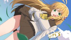  1girl antenna_hair blonde_hair breasts clouds commentary_request green_eyes highres homura_shinji large_breasts leaf long_bangs long_hair long_sleeves looking_at_viewer open_mouth panties pleated_skirt ribbon school_uniform skirt solo tsurumaki_maki underwear very_long_hair voiceroid 
