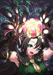  1girl absurdres animal_ears ascot black_gloves black_hair blush breasts commentary_request crown_ornament ear_ornament ear_through_crown elbow_gloves gloves green_eyes green_sweater hair_between_eyes highres horse_ears horse_girl iota_(user_gvdc7737) long_hair looking_at_viewer medium_breasts multicolored_hair necktie open_mouth ribbed_sweater satono_crown_(emerald_journey)_(umamusume) satono_crown_(umamusume) shorts side_ponytail sleeveless sleeveless_sweater smile solo streaked_hair suspender_shorts suspenders sweater umamusume white_hair yellow_ascot yellow_necktie 