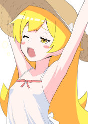  4celez absurdres bakemonogatari blonde_hair commentary_request dress hat highres loli long_hair monogatari_(series) one_eye_closed open_mouth oshino_shinobu simple_background straw_hat white_background white_dress yawning yellow_eyes 