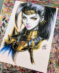 1girl armor art_tools_in_frame black_hair commentary cropped_shoulders ear_piercing english_commentary gold_armor hades_(series) hades_1 hairband highres long_hair looking_to_the_side marker_(medium) megaera_(hades) photo_(medium) piercing pink_lips shoulder_spikes signature solo spiked_ear_piercing spikes stanley_lau traditional_media yellow_eyes 