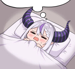  1girl =_= absurdres blanket closed_eyes commentary_request demon_horns dreaming futon grey_hair highres hololive horns izumida_fuyuki la+_darknesss multicolored_hair open_mouth pointy_ears purple_hair sleeping solo speech_bubble striped_clothes sweatdrop thought_bubble two-tone_hair 