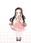  1girl absurdres bag black_hair braid bread dress food hair_ribbon highres holding holding_food jacket kamado_nezuko kimetsu_no_yaiba long_hair pink_eyes pink_ribbon pink_skirt pori_(kmt_pori) ribbon shoes shoulder_bag skirt solo white_background 