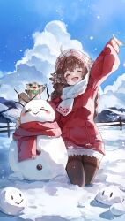  1girl absurdres ahoge blue_sky brown_feathers brown_hair closed_eyes clouds coat commentary english_commentary feathers fence hair_between_eyes hair_ornament harasaki hat highres indie_virtual_youtuber kumi_(vtuber) long_hair outdoors pantyhose red_coat red_scarf scar scar_across_eye scar_on_face scarf sky smile snow snowman solo squirrel star_(symbol) star_hair_ornament virtual_youtuber white_scarf 