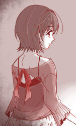  1girl aglio amakura_mio bare_shoulders black_camisole black_eyes brown_hair brown_shirt camisole commentary_request fatal_frame fatal_frame_ii:_crimson_butterfly from_behind gradient_background grey_background looking_at_viewer looking_back off-shoulder_shirt off_shoulder pale_colors parted_lips profile red_ribbon ribbon see-through_clothes see-through_shirt shirt short_hair sideways_glance skirt solo standing three-quarter_sleeves upper_body white_skirt 