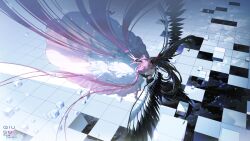  2girls absurdly_long_hair absurdres akemi_homura akuma_homura arm_strap arms_around_neck artist_name backless_dress backless_outfit black_dress black_gloves black_hair black_wings bow chinese_commentary commentary_request cube cutting_another's_hair cutting_hair dress elbow_gloves facing_away feather_dress feathered_wings floating_clothes floating_hair frills from_above gloves goddess_madoka hair_bow high-low_dress high_heels highres holding holding_scissors hole_in_floor hug kaname_madoka layered_dress layered_sleeves long_hair mahou_shoujo_madoka_magica mahou_shoujo_madoka_magica:_hangyaku_no_monogatari multiple_girls mutual_hug pink_hair pink_thighhighs pumps qiususu red_bow scissors short_sleeves sparkle standing star_(sky) strapless strapless_dress symbolism thigh-highs two_side_up very_long_hair white_bow white_dress white_gloves wide_sleeves winged_shoes wings yuri 