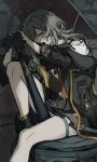  aimieria black_jacket club_(weapon) grey_hair highres holding holding_club holding_weapon honkai:_star_rail honkai_(series) jacket looking_at_viewer medium_hair shirt sitting trash_can weapon white_shirt yellow_eyes 