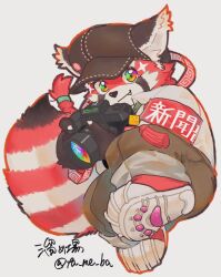  1boy black_hat braid brown_pants camera commentary_request digital_camera fang full_body furry furry_male hat highres holding holding_camera male_focus multicolored_eyes pants paw_shoes rainbow_eyes red_panda_boy shoes simple_background sneakers solo ta_me_ba tassel tokyo_afterschool_summoners white_background zhurong_(housamo) 