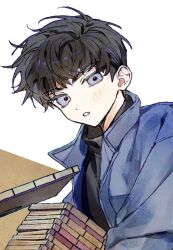  1boy aged_down black_hair blue_eyes blue_jacket blush book close-up commentary_request grey_eyes gwechul holding holding_book jacket k_che_sol korean_commentary leaning_forward male_focus portrait ryu_jaekwan short_hair simple_background socks solo white_background white_socks 