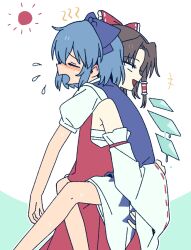  +++ 2girls blue_bow blue_dress blue_hair blush bow brown_hair carrying carrying_person cirno closed_eyes detached_sleeves detached_wings dibitaki11 dress frilled_bow frilled_hair_tubes frills from_side hair_bow hair_tubes hakurei_reimu hot ice ice_wings long_hair multiple_girls pinafore_dress puffy_short_sleeves puffy_sleeves red_bow red_skirt ribbon-trimmed_sleeves ribbon_trim shirt short_sleeves skirt skirt_set sleeveless sleeveless_dress sun touhou white_shirt wings yuri 