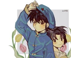  1boy 1girl arm_up black_eyes black_hair blue_hat braid chinese_clothes closed_mouth cosplay english_commentary flower frown grey_background grey_hair hat highres jusenkyou_guide jusenkyou_guide_(cosplay) lichirin pink_flower ranma_1/2 saotome_ranma saotome_ranma_(male) short_hair single_braid smile tangzhuang tendou_akane yellow_flower 