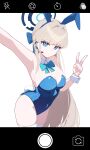  1girl animal_ears blonde_hair blue_archive blue_bow blue_eyes blue_leotard blue_necktie bow cellphone fake_animal_ears halo highres leotard long_hair multicolored_hair necktie phone playboy_bunny rabbit_ears selfie smartphone toki_(blue_archive) toki_(bunny)_(blue_archive) zhaimao_mao 