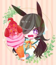  +_+ 1girl alternate_hairstyle animal_ears black_hair blush bow bowtie carrot chibi commentary_request dress food fruit hair_over_one_eye holding holding_food horse_ears horse_girl ice_cream ice_cream_cone long_hair long_sleeves looking_at_viewer low_twintails no_lineart official_alternate_costume open_mouth orange_bow orange_bowtie puffy_long_sleeves puffy_sleeves rice_shower_(umamusume) rice_shower_(yummy_dreamy_fairy)_(umamusume) solo sparkle strawberry striped_background twintails umamusume upper_body violet_eyes waniyama1993 yellow_bow 