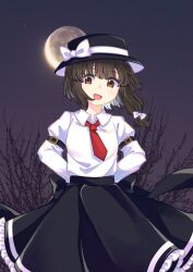  1girl :d absurdres arms_behind_back asymmetrical_hair back_bow black_hat black_skirt blush bow brown_eyes brown_hair collared_shirt commentary frilled_skirt frills hat hat_bow highres looking_at_viewer lysosomes_(lys9s9mes) medium_hair moon necktie night open_mouth red_necktie shirt shirt_tucked_in skirt sleeve_garter smile solo standing touhou tree untranslatable_commentary usami_renko white_bow white_hair white_shirt 